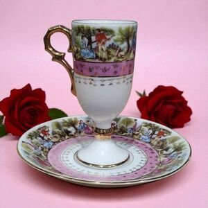 Romantic Vintage Arnart Fragonard Love Story Tea Cup & Saucer Pink Gold Details